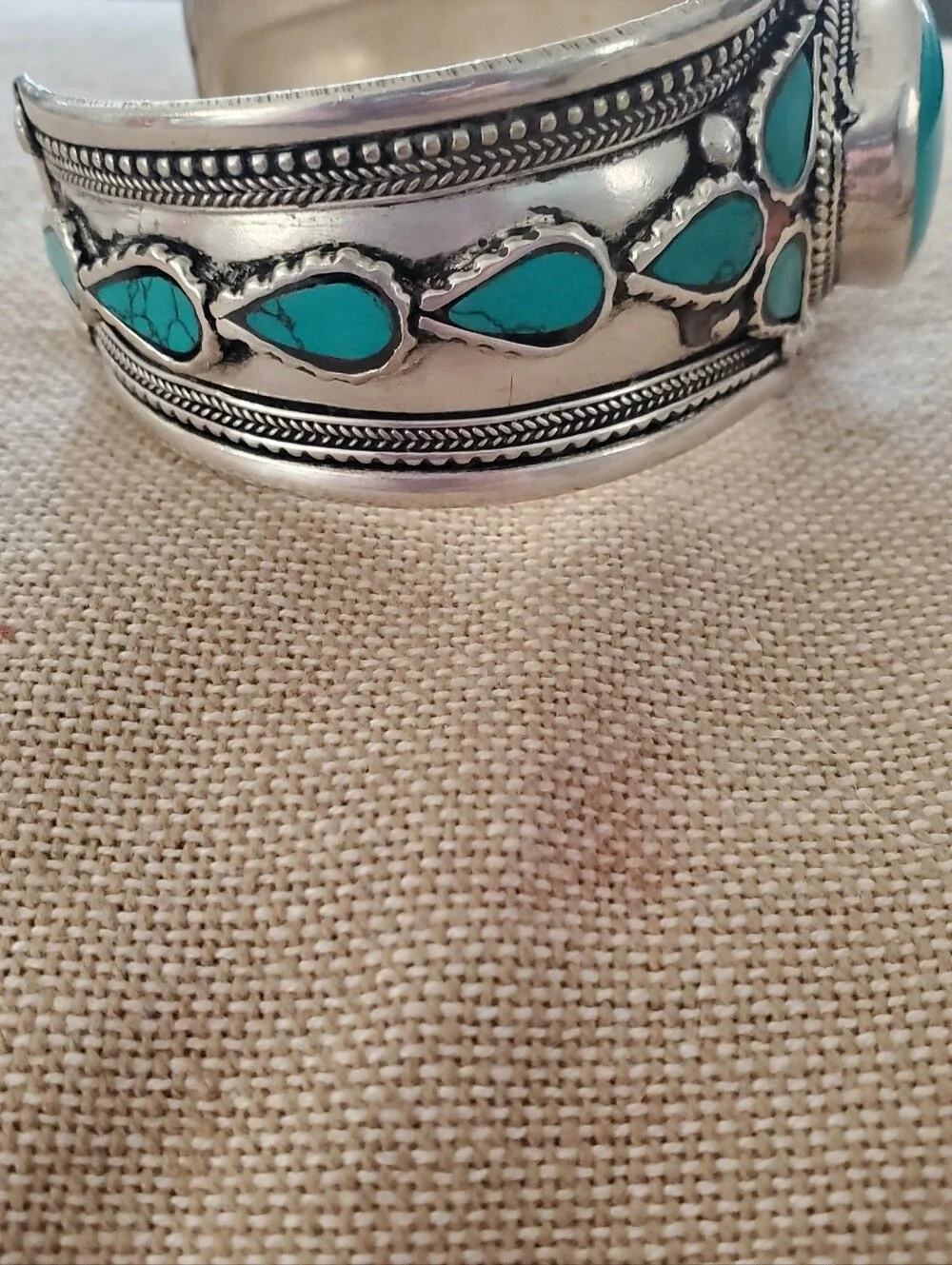 Boho German Silver Plated Turquoise Wide Statement Cuff Tribal Bracelet Western